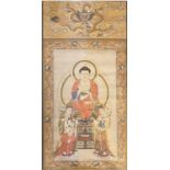 Tibetan Thangka depicting “ Three saints of the west”, in the middle is Shakyamuni, sitting on a