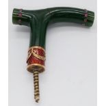 Antique 19th century yellow metal, ruby, emerald and jade walking cane handle. The carved jade