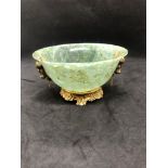 STUNNING RUSSIAN SOLID SILVER SPINACH JADE DIAMOND BOWL. Stunning bowl with bulls heads either