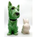 Two Sylvac Figures. A Large green dog and a small white bunny. 29 and 16cm.