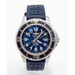 A Breitling Super Ocean Chronometer Gents Watch. Blue rubber strap. Stainless steel case -41mm. Blue