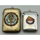 Two Antique Silver Plate Vesta Cases Both with Interesting Enamel Additions.