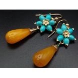 A Vintage Pair of 18K Yellow Gold Natural Turquoise and Amber Teardrop Earrings. 4cm drop. 9.51g