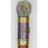 A rare Russian carved agate elephant walking stick Ruby eyes set in gold Top condition 90cm long