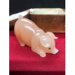 A Russian carved hardstone figure of a pig , Original box Size of pig Length 6cm Width 3cm Height to