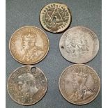 1932 SOUTH AFRICA 1D COIN, 1929 SOUTH AFRICA PENNY COIN PLUS 3 OTHER COINS. PLEASE SEE PHOTOS FOR