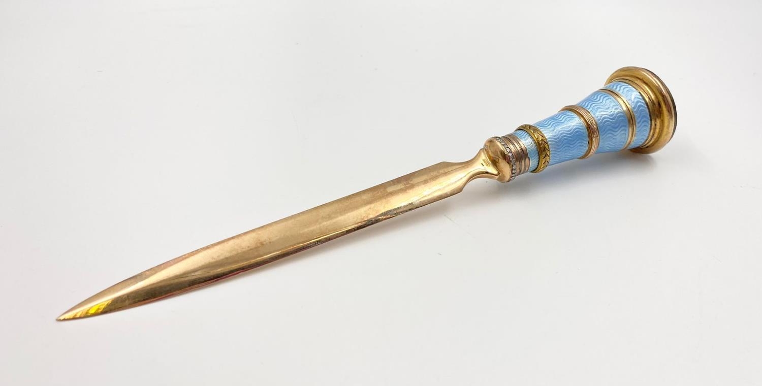 A 14K Yellow Gold, Diamond, Enamel and Jade Cartier Letter Opener. Cartier hallmarked on base of