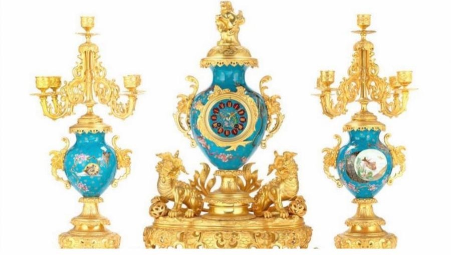 A Magnificent French 19th Century gilt bronze and champleve enamel porcelain mantel garniture - In