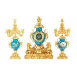 A Magnificent French 19th Century gilt bronze and champleve enamel porcelain mantel garniture - In