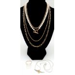 A collection of two necklaces, one with faux pearls and different gold tone chains, the other one
