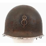 WW2 US 8th Infantry Division Swivel Bale M1 Helmet with Westinghouse Liner.