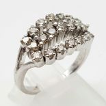 A 14K WHITE GOLD 3 ROW DIAMOND RING, A REAL EYE CATCHER...4.6gms size O