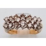 A 14K GOLD 3 ROW DIAMOND CLUSTER RING , WITH QUALITY BRIGHT DIAMONDS. 3.8gms size L
