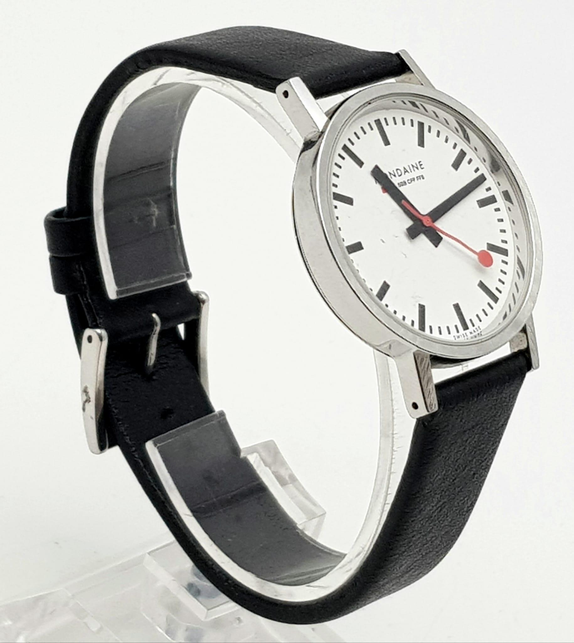 A Vintage Mondaine Railway Watch. Black leather strap. Stainless steel case - 32mm. Quartz movement. - Image 2 of 6