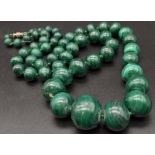 A Vintage Graduated Malachite Bead Necklace. 20mm largest bead. Barrel clasp. 60cm