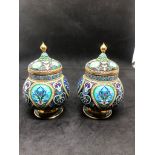 A PAIR of Russian silver enamel lidded urn/caddys Height 10.6cm Diameter 6.6cm Weight 295 for the