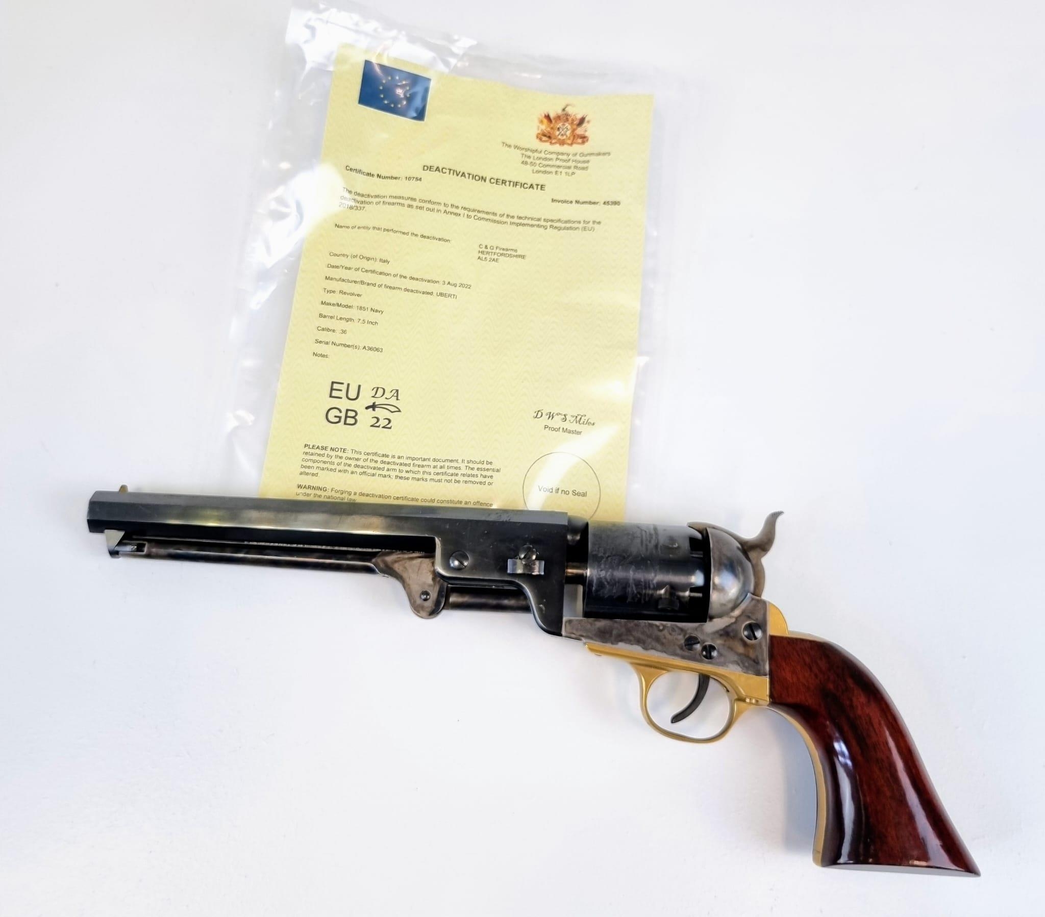 A Deactivated 1851 Uberti Model Navy Black Powder Revolver Pistol. Muzzle loading. Calibre -.36. 7.5 - Image 2 of 11