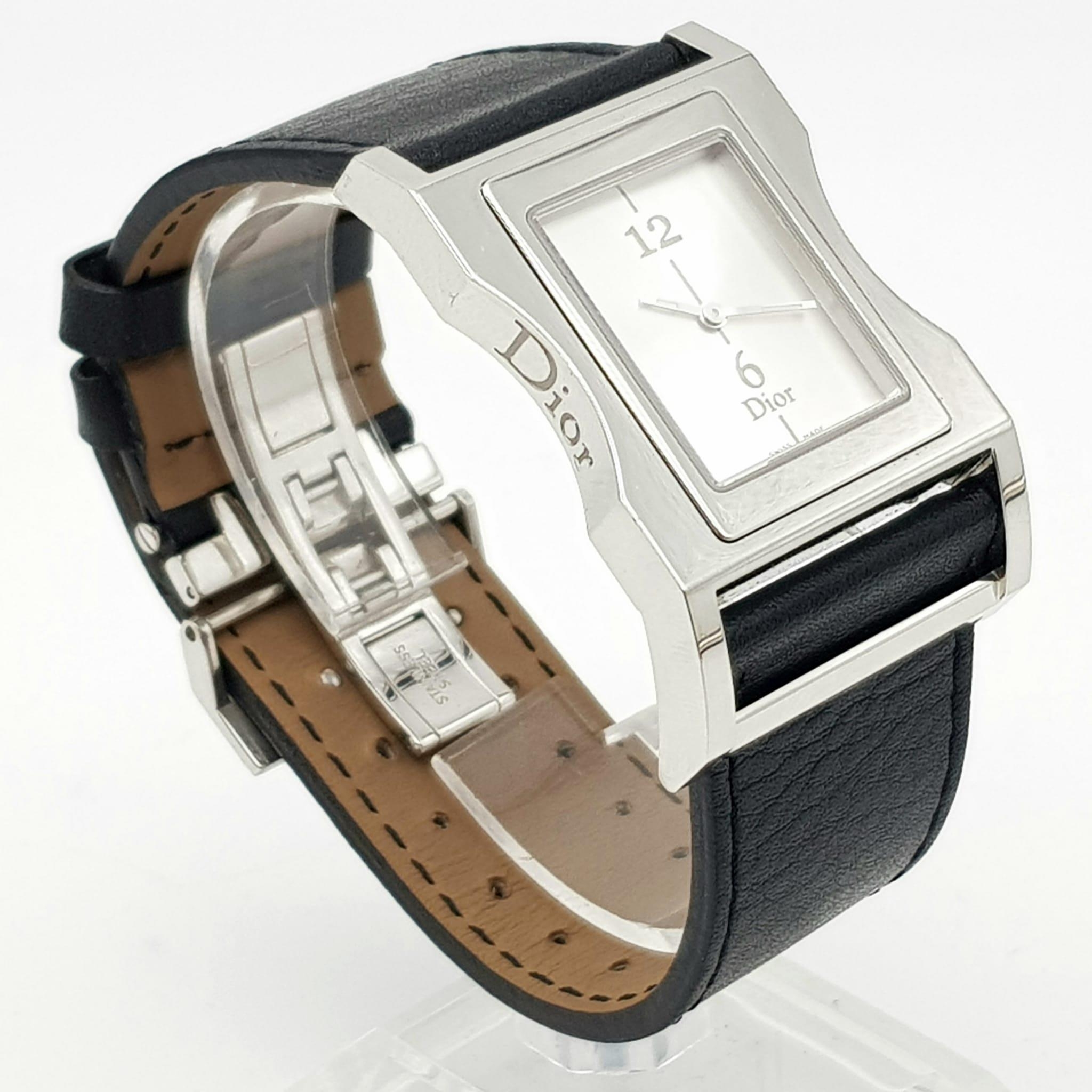 A Stylish Cristian Dior Ladies Watch. Black leather strap with stainless steel case - 30mm width. - Image 2 of 8