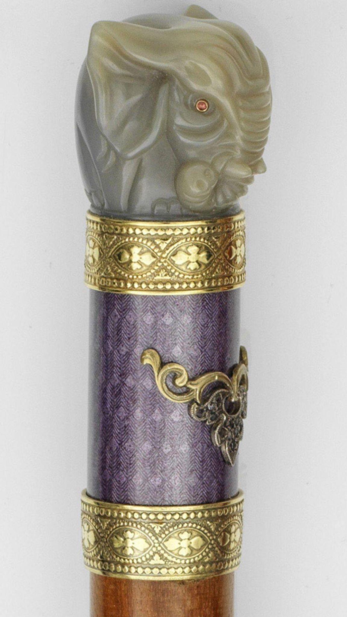 A rare Russian carved agate elephant walking stick Ruby eyes set in gold Top condition 90cm long