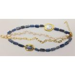 A yellow metal (untested), very desirable, multi-banded bracelet with Kyanite, natural pearls and