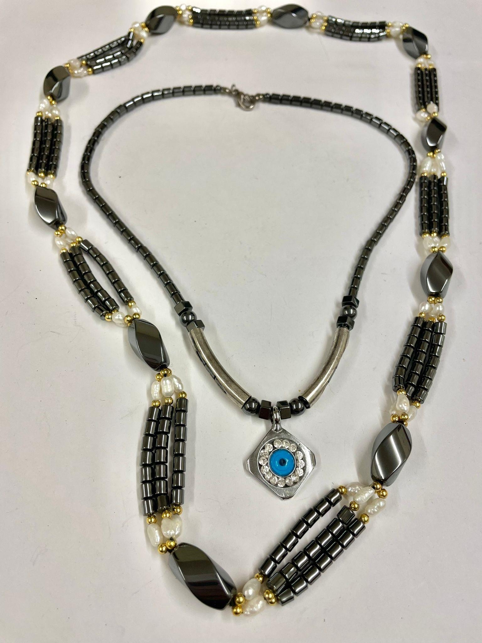 Large heavy hematite beaded necklaces With Turkish eye pendant