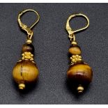 A Pair of Tigers Eye Dangle Gilded Earrings. 20mm drop.