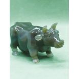 A Russian early carved agate cow/bull figure set with gold and ruby eyes Width 10.5cm Height to