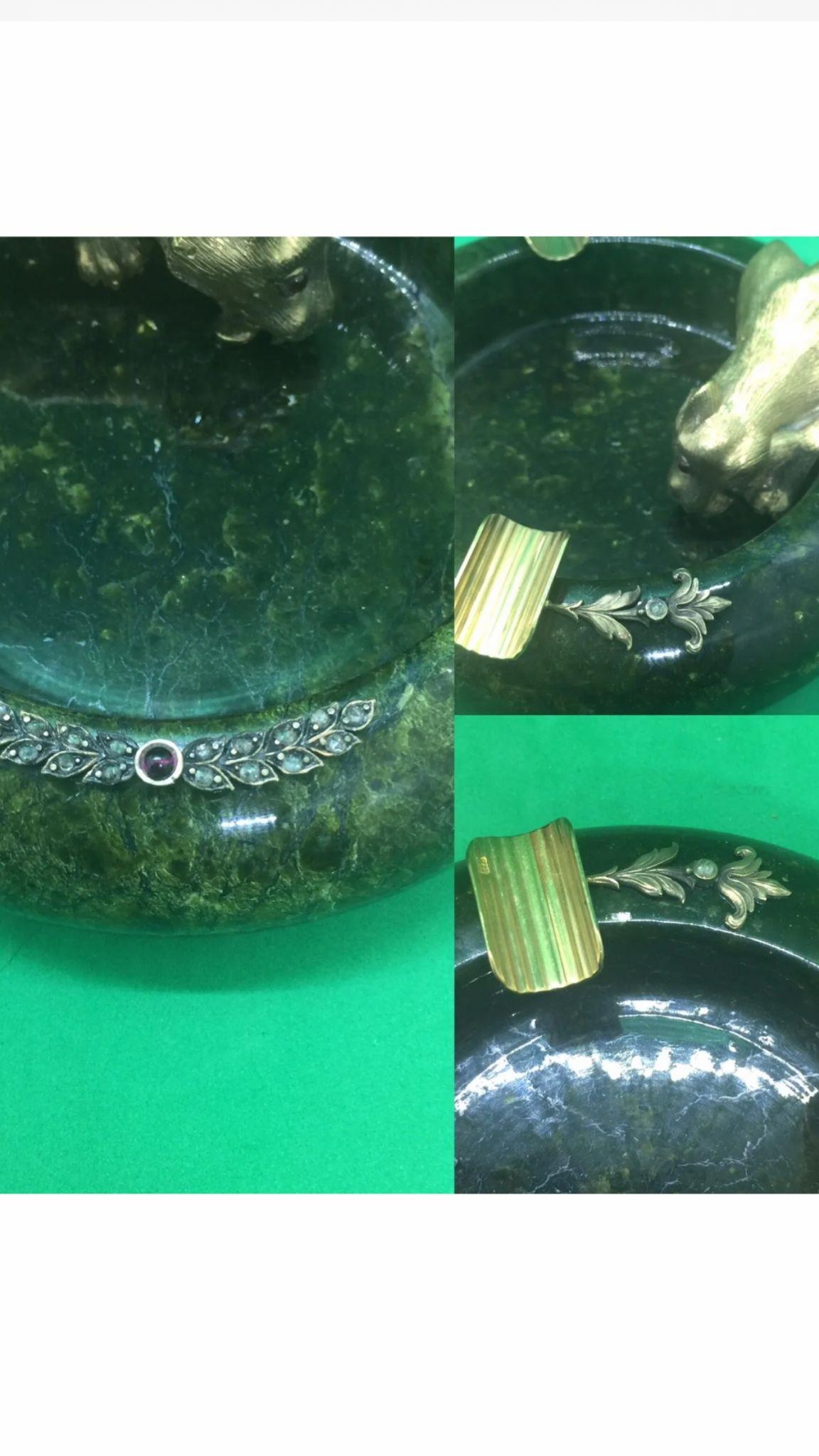 Stunning Russian Solid Silver Hardstone Jade Diamond Ruby leopard Ashtray In original fitted - Bild 3 aus 13