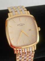 Gentlemans ROTARY Quartz wristwatch. Gold plated square face model having Golden digits and hands,