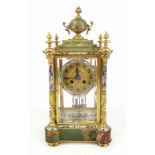 A Majestic Late Victorian Cloisonné French Four Glass Mantle Clock with Mercury Pendulum. A multi-