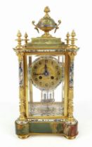 A Majestic Late Victorian Cloisonné French Four Glass Mantle Clock with Mercury Pendulum. A multi-