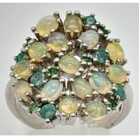 An Emerald and Opal Cluster Silver Ring. Size Q. 6.34g