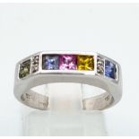 An 18K White Gold Multi-Coloured Sapphire Ring. Blue, yellow, pink and green square-cut sapphires