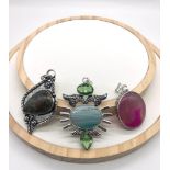 Three Different Coloured Gemstone Pendants set in 925 Silver plated metal. Largest 6cm.