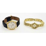 Ladies and Mens Wristwatches comprising a Lorus Quartz Gold Finish Case. Black Leather Strap Watch