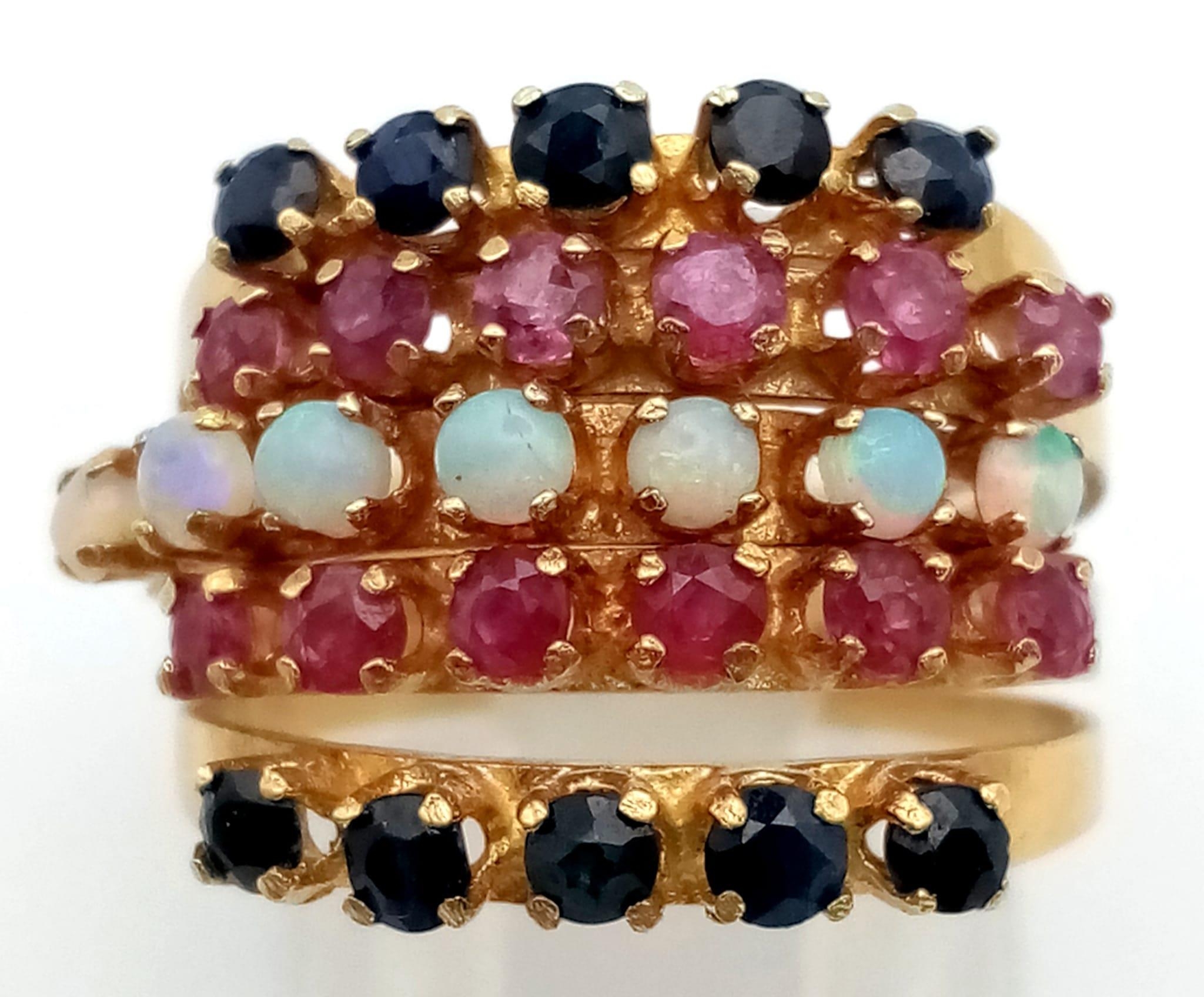 A very unusual 14 K yellow gold five band hinged ring with opals, rubies and sapphires. Ring size: - Image 2 of 5