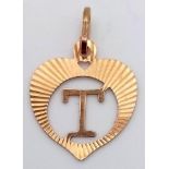 A Small 9K Yellow Gold Letter T Pendant.