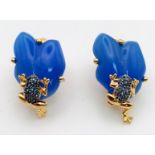 A Pair of Gold Plated Blue Jade Earrings.