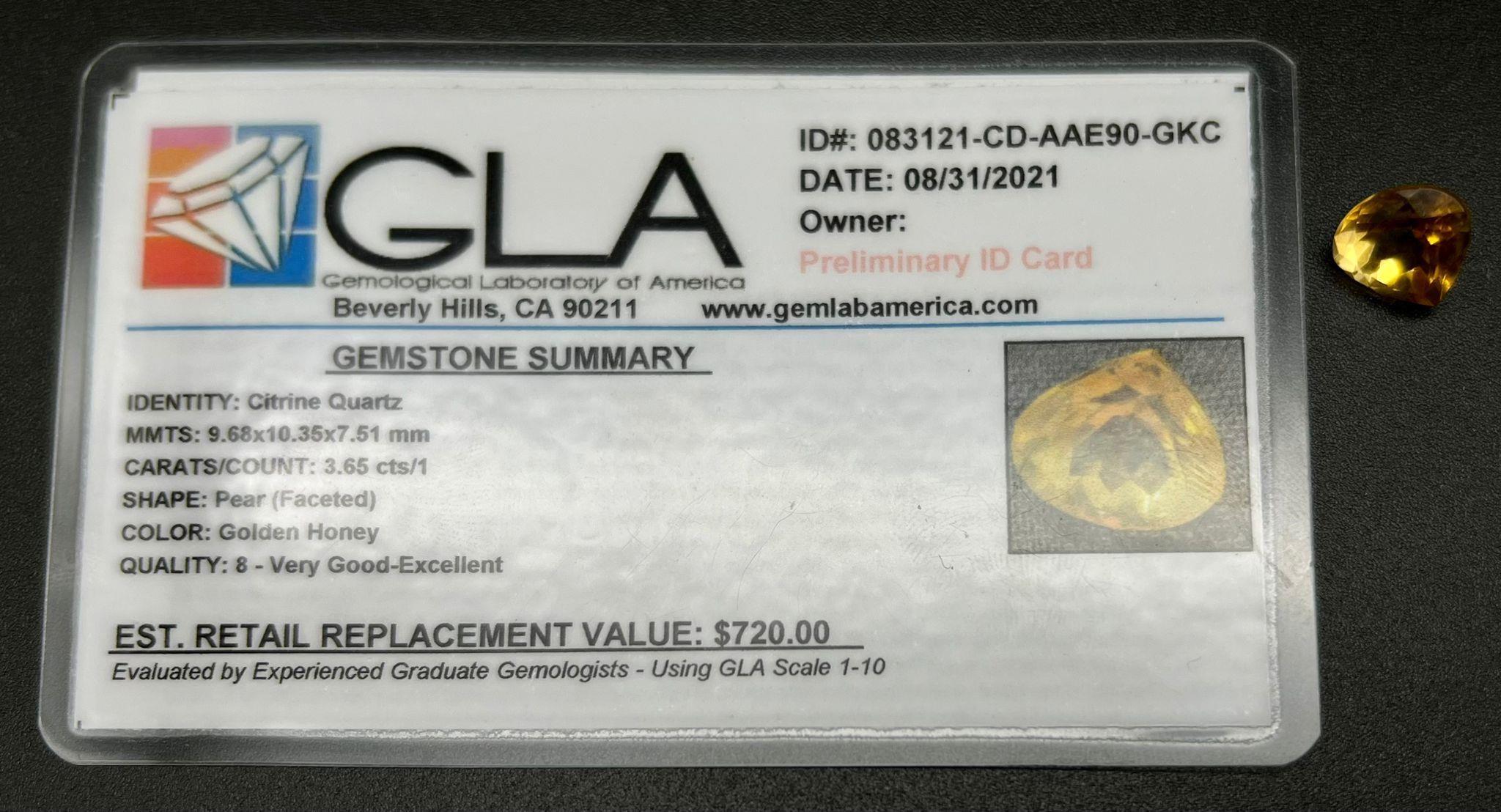 A 3.65ct Citrine Quartz. Pear cut. Comes with a certificate. - Image 4 of 4