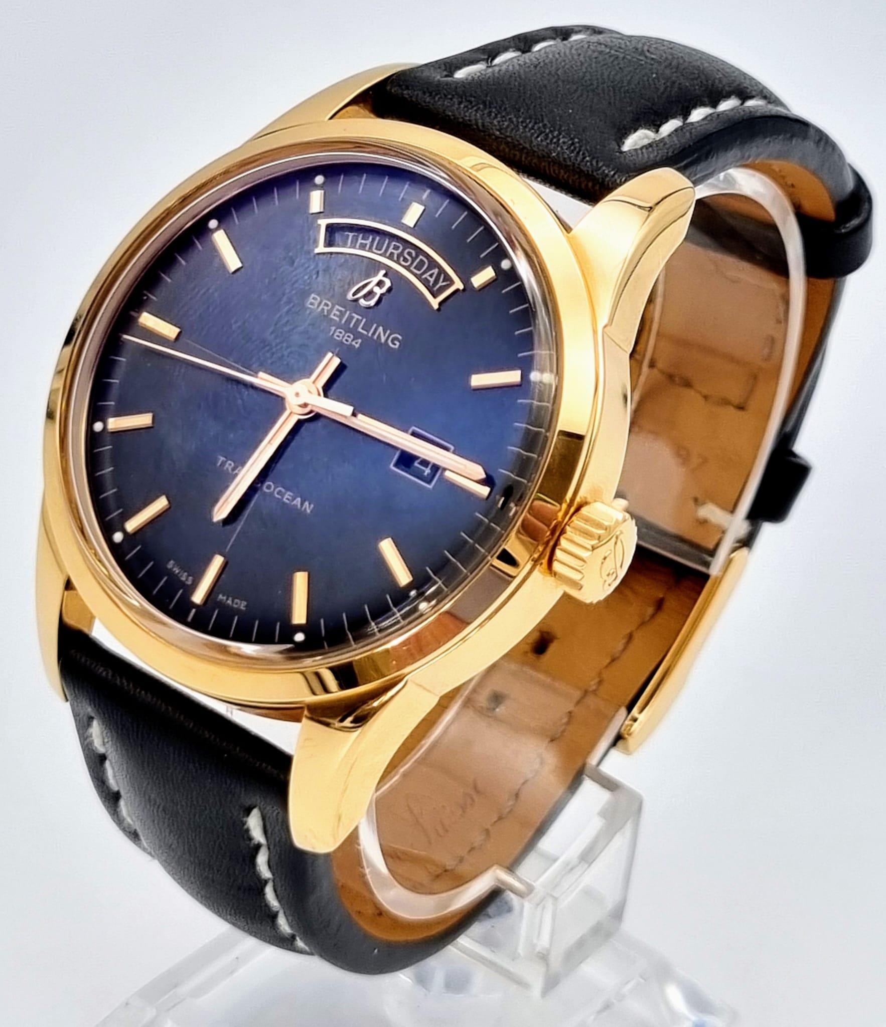 A Breitling Transocean Automatic Rose Gold Cased Gents Watch. Black leather strap. Rose gold - Bild 2 aus 15