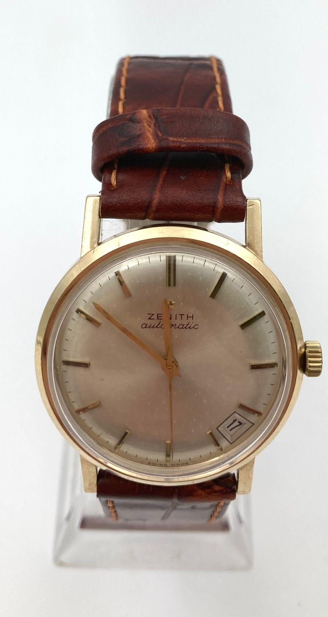 A Glorious Vintage 9K Gold Cased Zenith Gents Watch. Mechanical movement. Leather strap. Gold case -