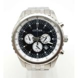 A Citizen Chronograph Gents Watch. Stainless steel strap and case - 45mm. Black dial with three