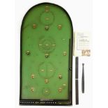 A Antique Corinthian Bagatelle Board with Original Instructions, cue and balls. Fair condition