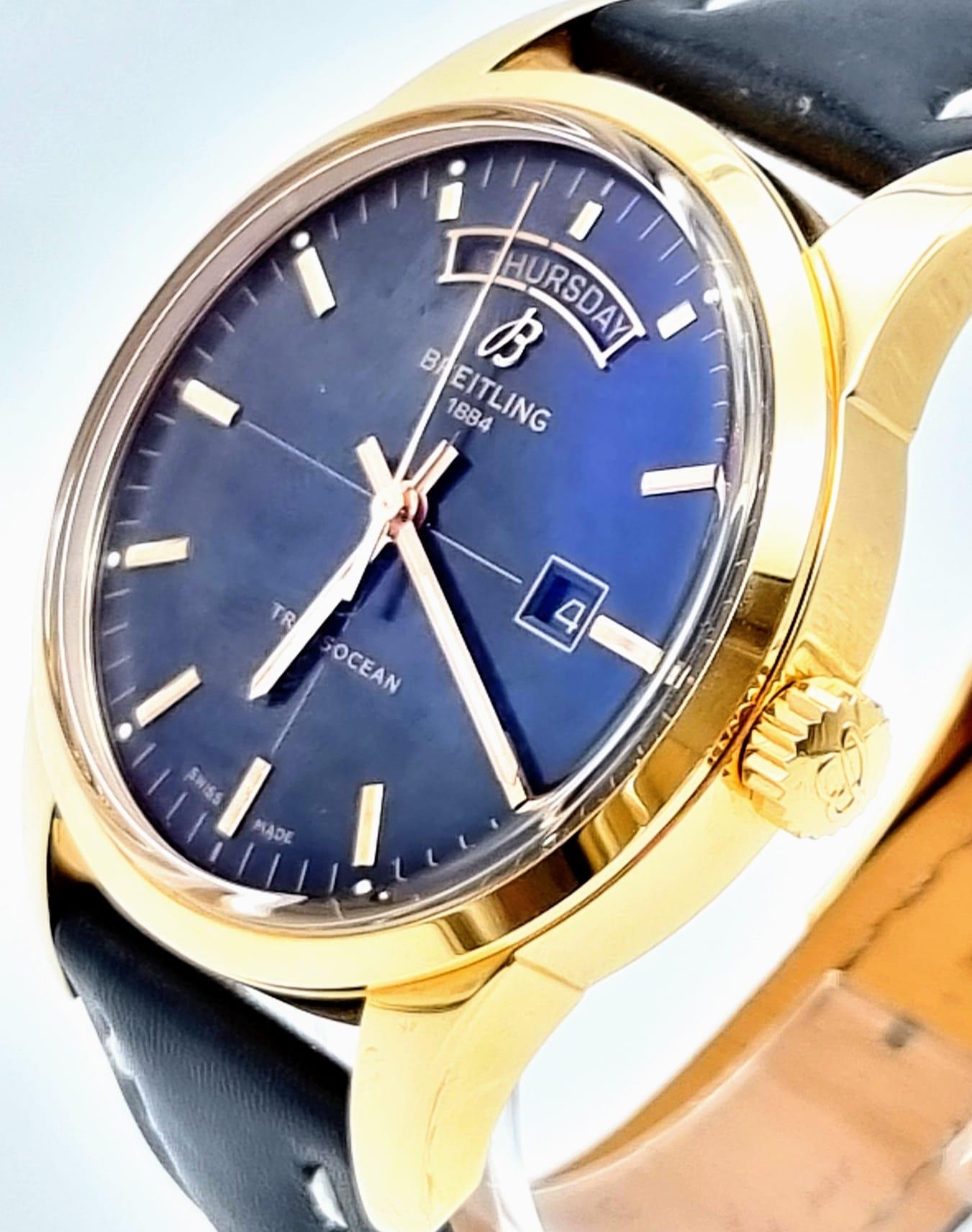 A Breitling Transocean Automatic Rose Gold Cased Gents Watch. Black leather strap. Rose gold - Bild 4 aus 15