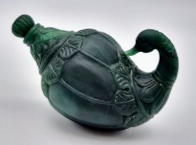 An Exquisite Antique Russian Green Jade Swan Perfume Bottle. 12 x 8cm.