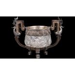 Antique massive early 20th Century Russian solid silver & cut crystal punch bowl round shaped and
