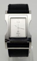A Stylish Cristian Dior Ladies Watch. Black leather strap with stainless steel case - 30mm width.