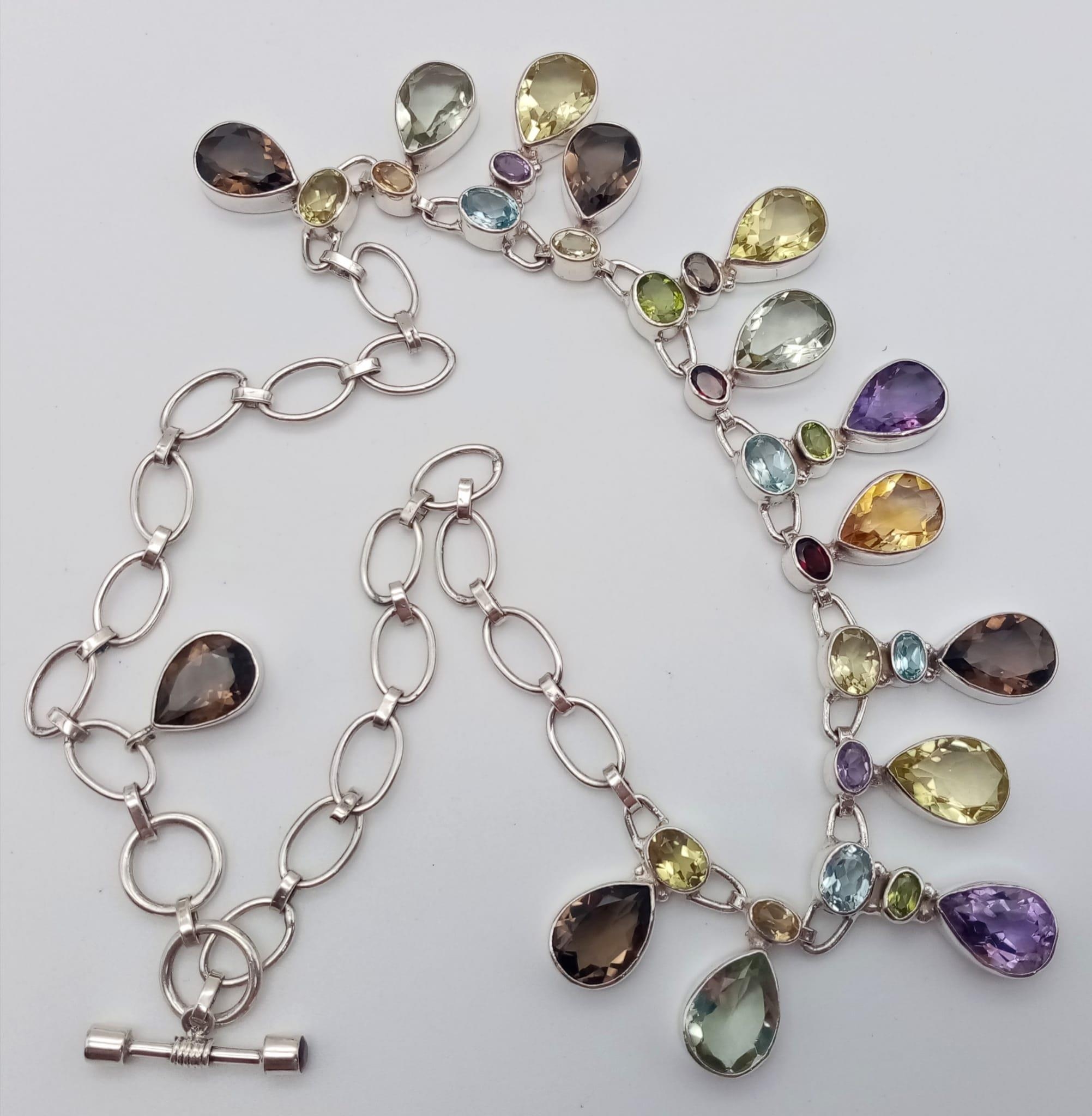 An Amethyst, Citrine Gemstone Necklace in 925 Silver. 44cm. 57g total weight. - Image 3 of 3