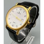 A Classic Vintage Junghans Gents Watch. Black leather strap with gilded case - 33mm. White dial with