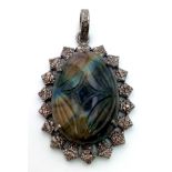 Victorian Oval cut Labradorite Pendant with Rose cut diamonds. Labradorite Gemstone- 33.50cts,